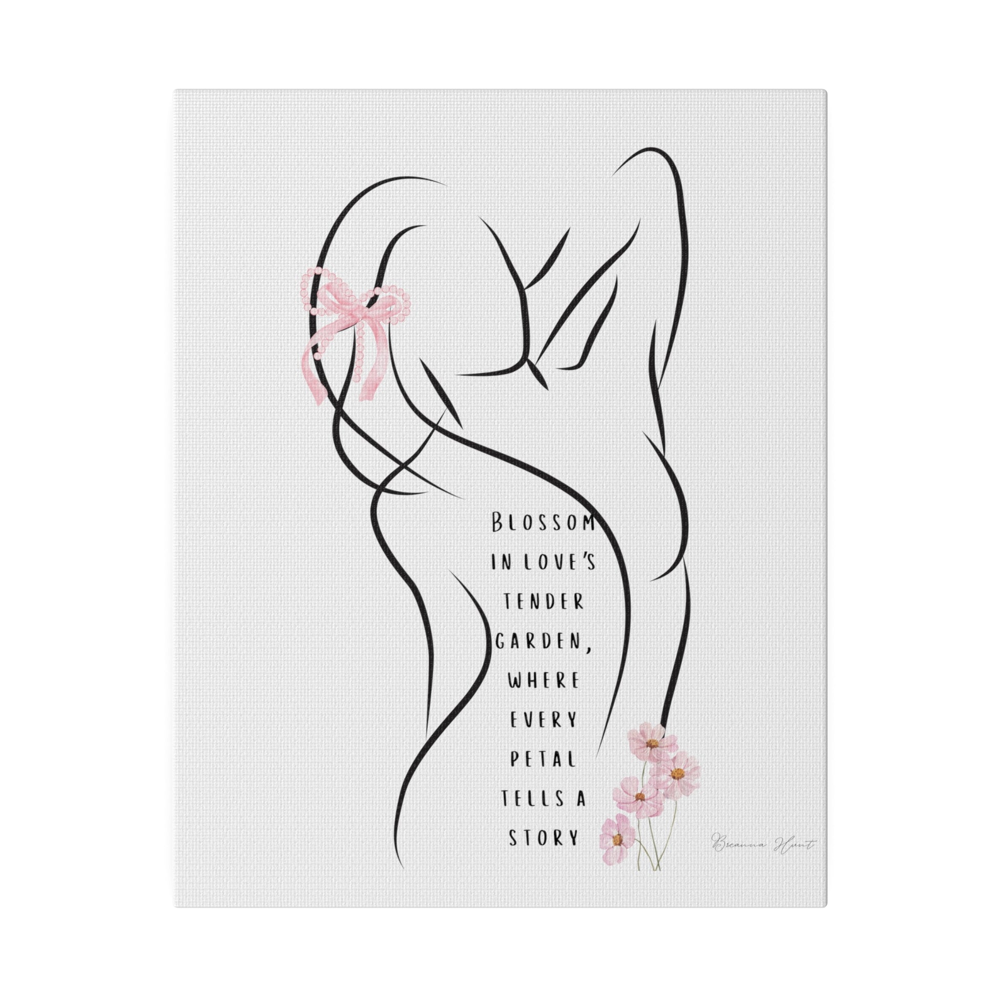 Love&#39;s Tender Garden&#39; canvas featuring a figure in a floral embrace, with a pink bow, perfect as an anniversary or wedding gift.